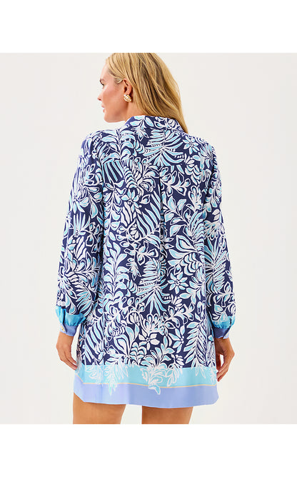 IRALANNE LONG SLEEVE POPOVER SHIRTDRESS, SAPPHIRE POOL SUMMER SHORELINES ENGINEERED WOVEN DRESS