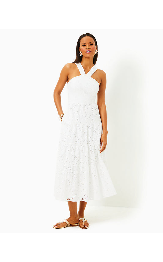 JENETTE EYELET HALTER MIDI DRESS, RESORT WHITE SEALIFE EYELET