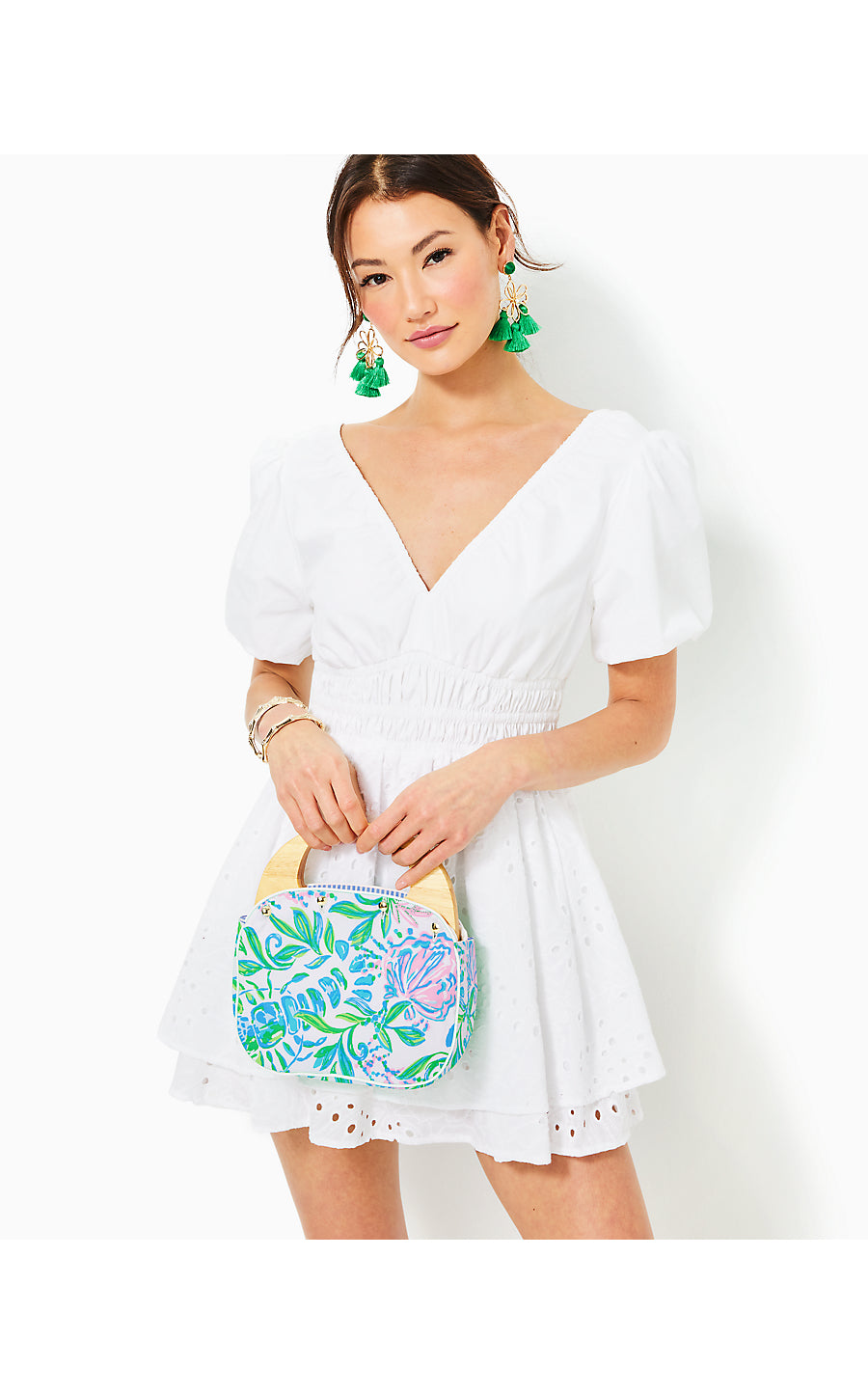 AXELLE EYELET ROMPER, RESORT WHITE TROPICAL LEAF EYELET