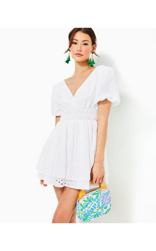 AXELLE EYELET ROMPER, RESORT WHITE TROPICAL LEAF EYELET