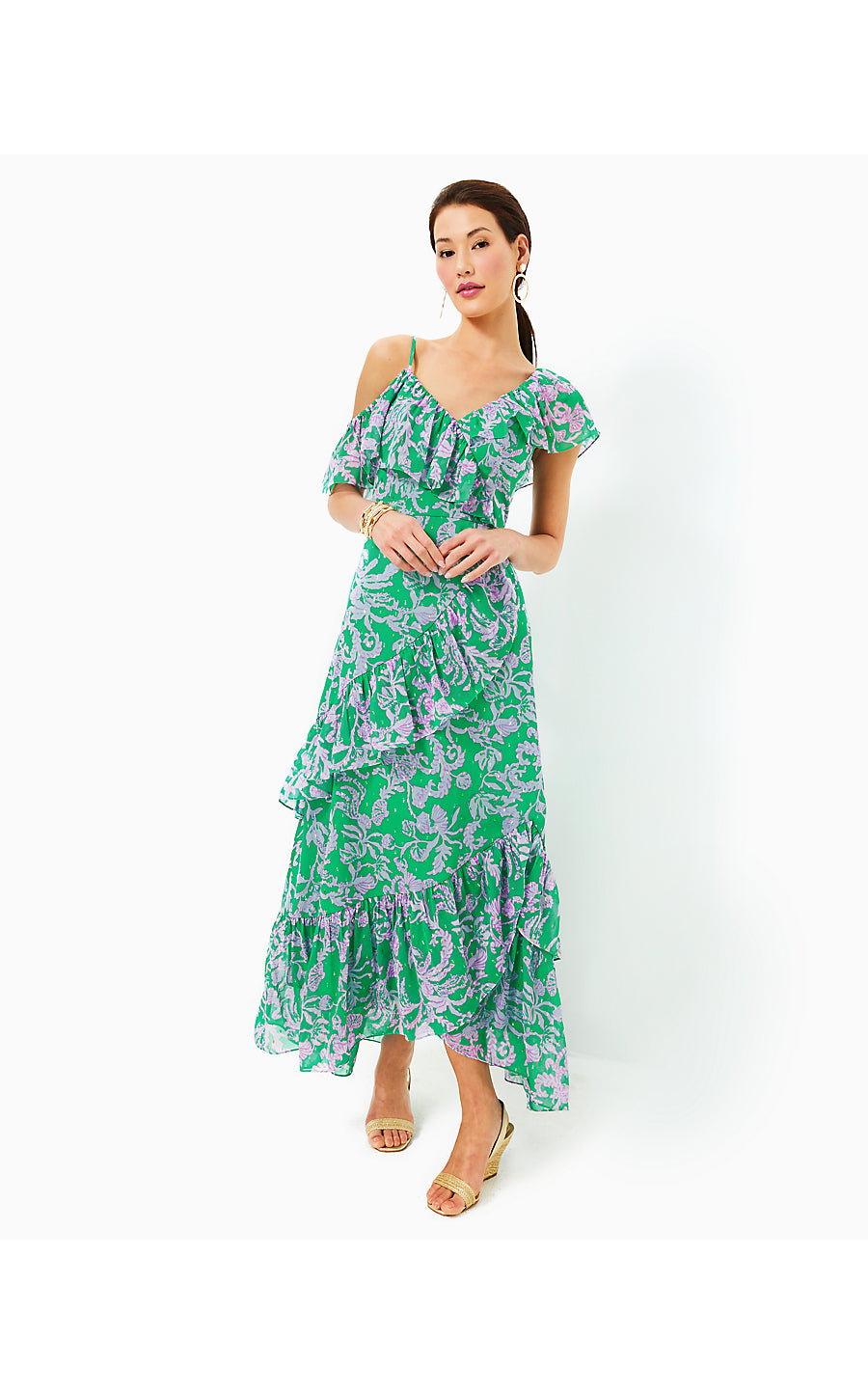 ROSALYNN RUFFLE MAXI DRESS, BRAZILIAN GREEN SALTY SANDBAR