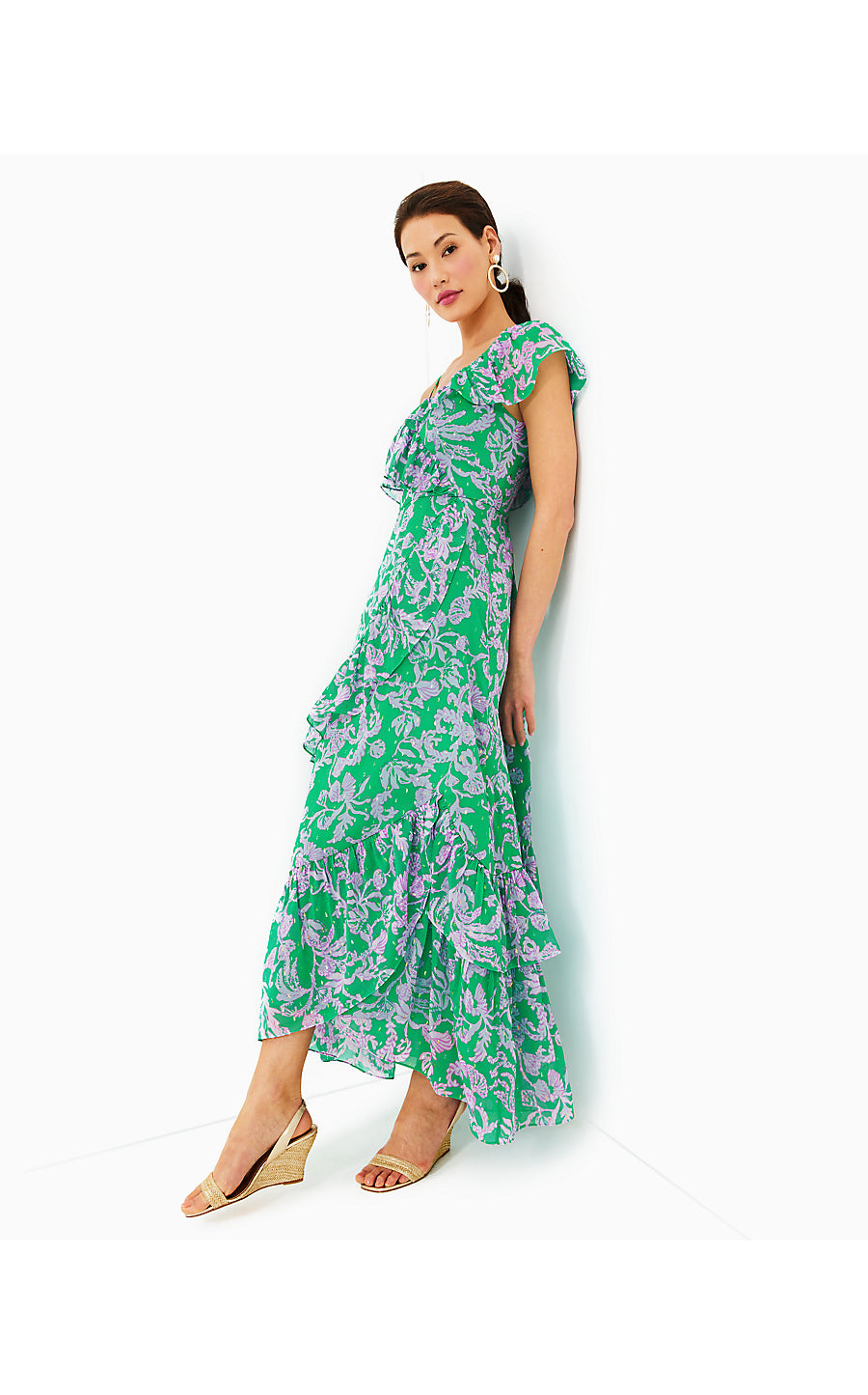 ROSALYNN RUFFLE MAXI DRESS, BRAZILIAN GREEN SALTY SANDBAR