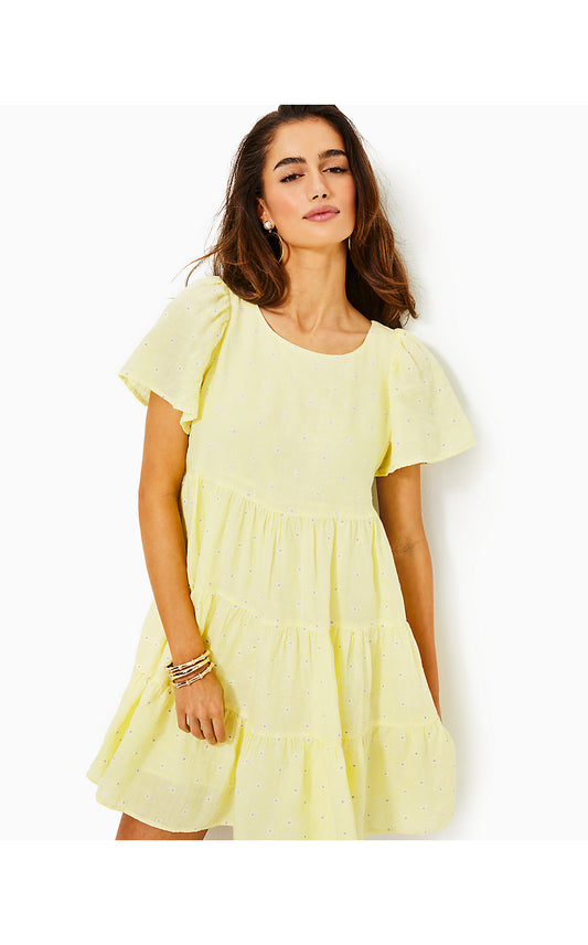 JOCELYN SHORT SLEEVE EMBROIDERED LINEN DRESS, FINCH YELLOW YOU DRIVE ME DAISY EMBROIDERED LINEN