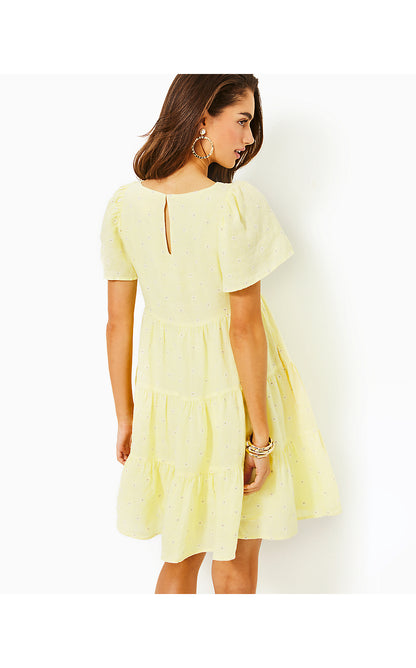 JOCELYN SHORT SLEEVE EMBROIDERED LINEN DRESS, FINCH YELLOW YOU DRIVE ME DAISY EMBROIDERED LINEN