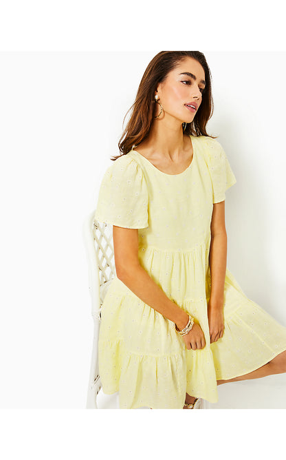 JOCELYN SHORT SLEEVE EMBROIDERED LINEN DRESS, FINCH YELLOW YOU DRIVE ME DAISY EMBROIDERED LINEN