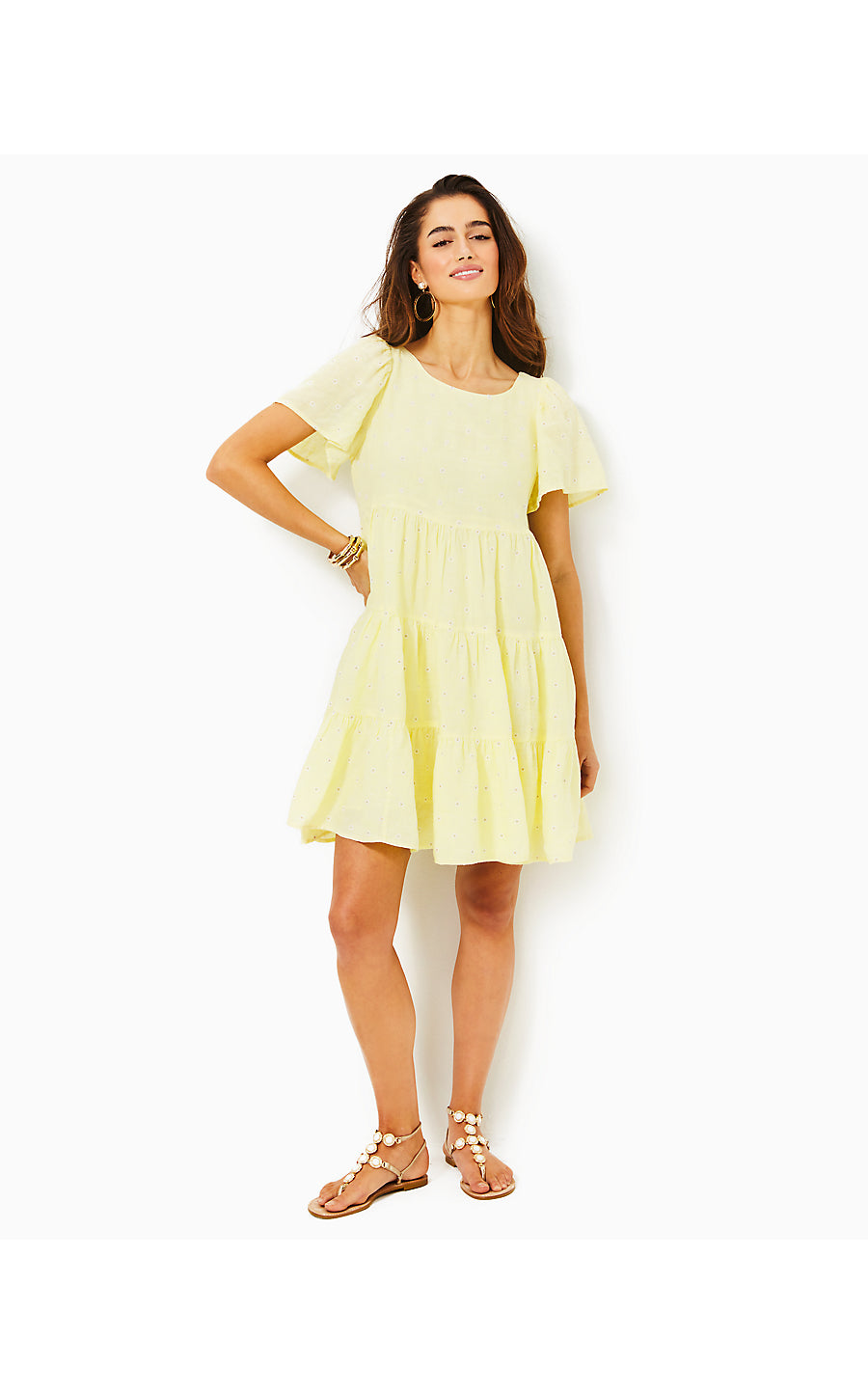 JOCELYN SHORT SLEEVE EMBROIDERED LINEN DRESS, FINCH YELLOW YOU DRIVE ME DAISY EMBROIDERED LINEN