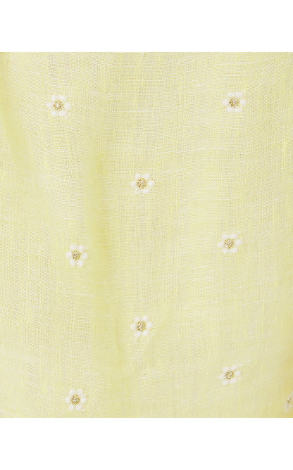 JOCELYN SHORT SLEEVE EMBROIDERED LINEN DRESS, FINCH YELLOW YOU DRIVE ME DAISY EMBROIDERED LINEN