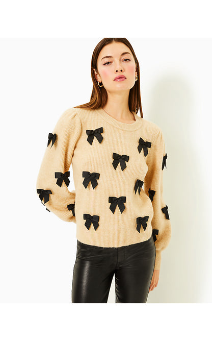 ZARIE SWEATER, HEATHERED WICKER TAN PARTY BOWS