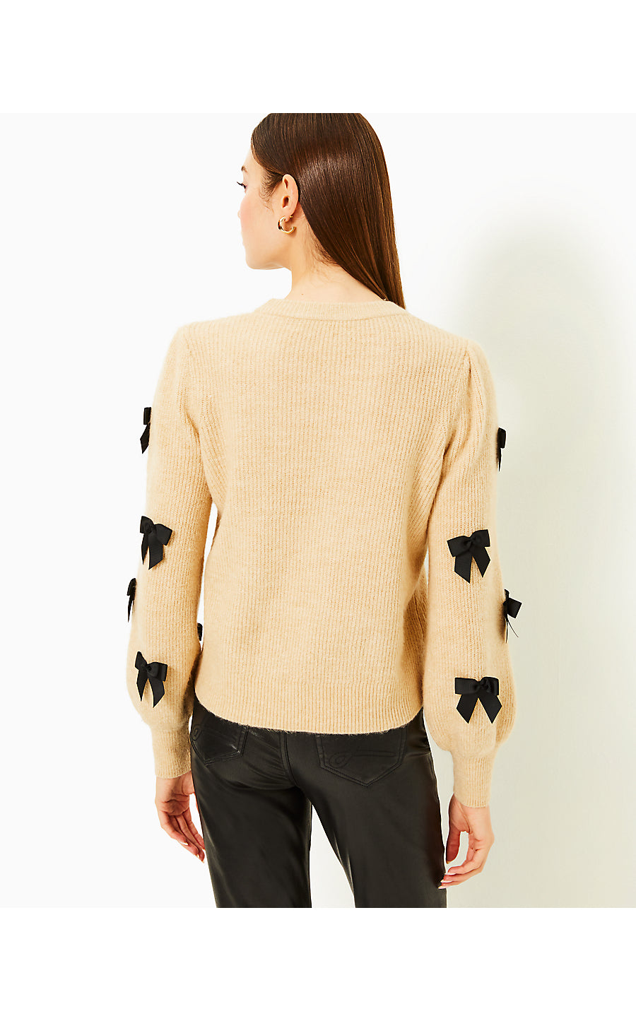 ZARIE SWEATER, HEATHERED WICKER TAN PARTY BOWS