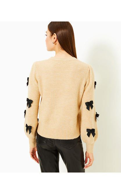 ZARIE SWEATER, HEATHERED WICKER TAN PARTY BOWS