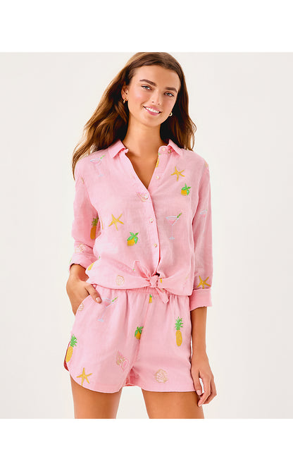 ELODEY LINEN SHORT, CONCH SHELL PINK HAPPY HOUR EMBROIDERY