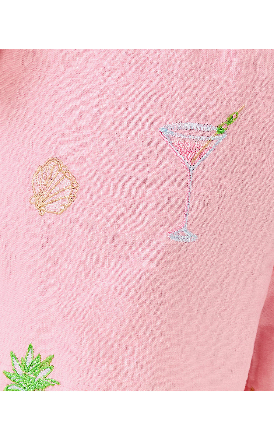 ELODEY LINEN SHORT, CONCH SHELL PINK HAPPY HOUR EMBROIDERY