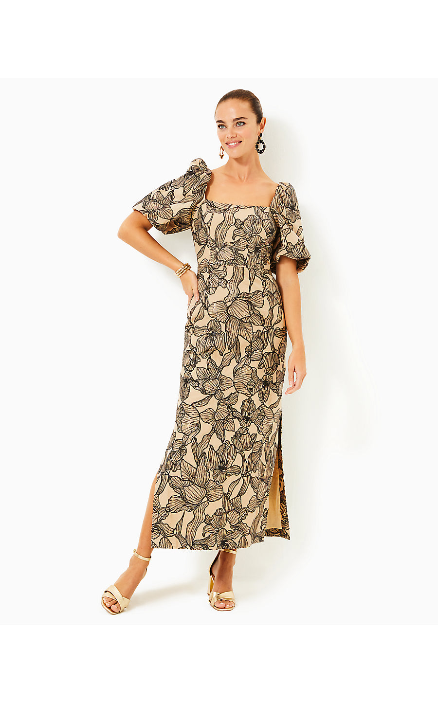 LINORA MAXI DRESS, WICKER TAN EMBROIDERED SEQUIN EXPLODED FLORA