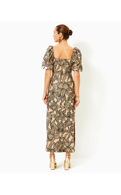 LINORA MAXI DRESS, WICKER TAN EMBROIDERED SEQUIN EXPLODED FLORA