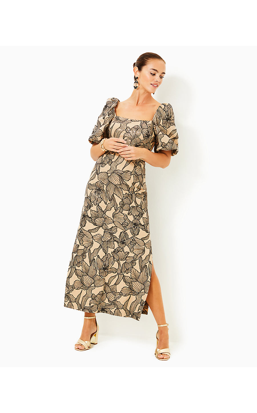 LINORA MAXI DRESS, WICKER TAN EMBROIDERED SEQUIN EXPLODED FLORA