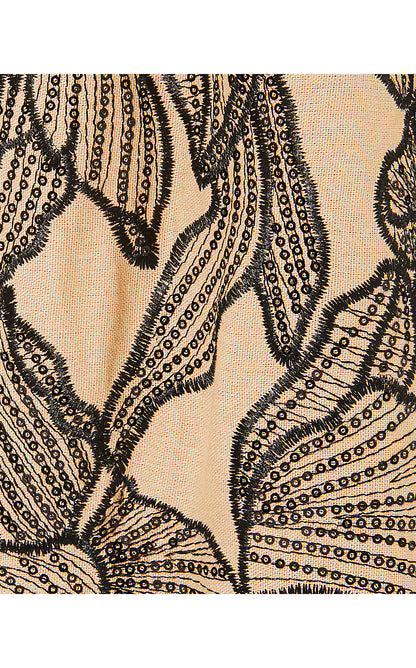 LINORA MAXI DRESS, WICKER TAN EMBROIDERED SEQUIN EXPLODED FLORA