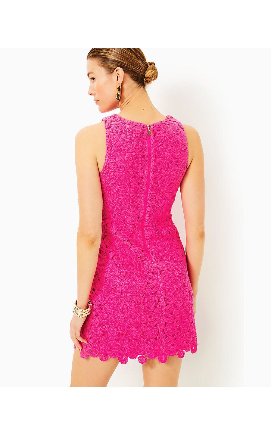 MARQUETTE CROCHET SHIFT DRESS, PASSION FRUIT PINK SOIREE CROCHET PANEL