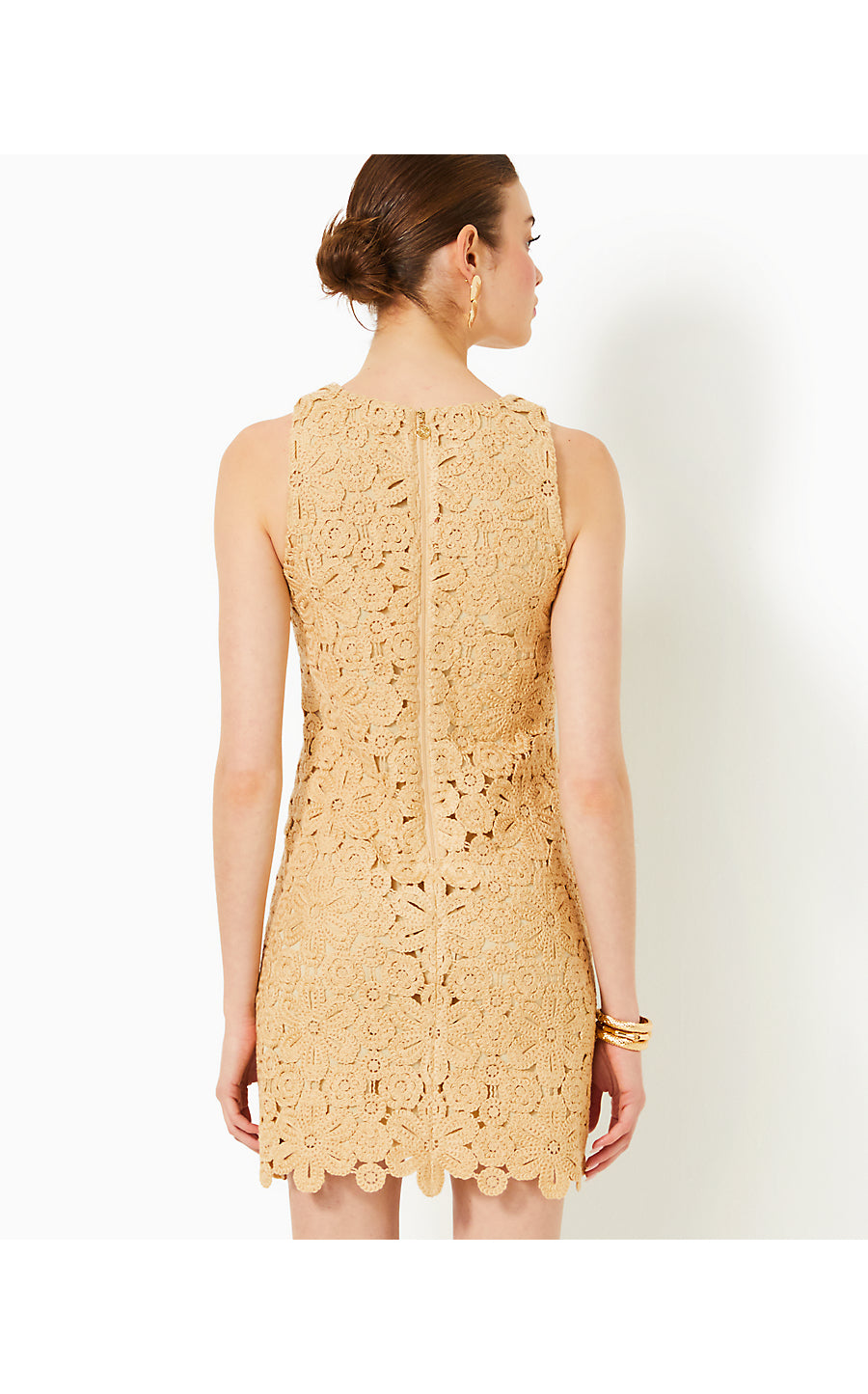 MARQUETTE CROCHET SHIFT DRESS, WICKER TAN SOIREE CROCHET PANEL