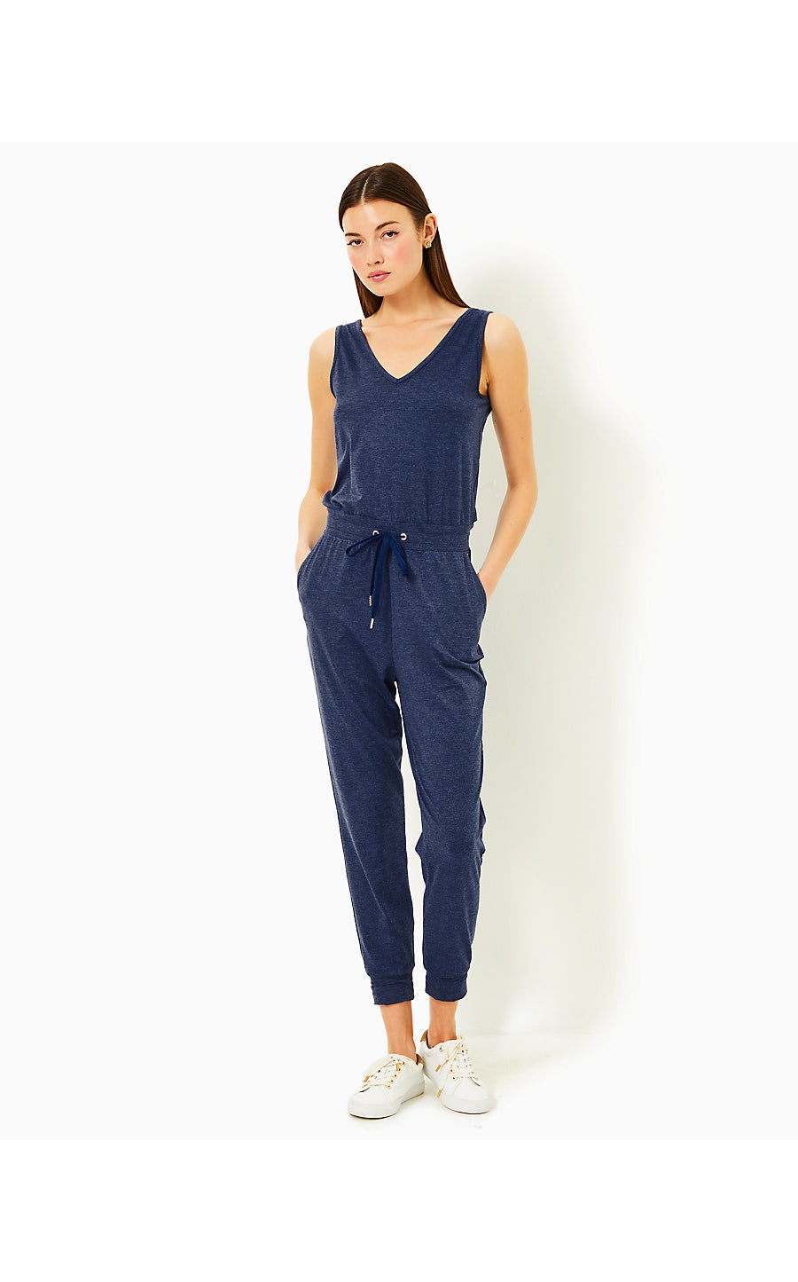 MAISIE UPF 50+ JUMPSUIT, HEATHERED MED BLUE X NOIR