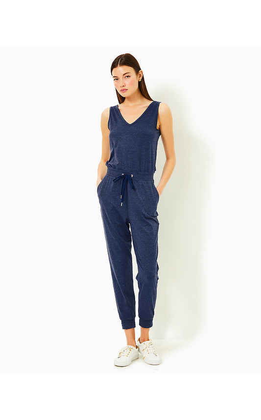 MAISIE UPF 50+ JUMPSUIT, HEATHERED MED BLUE X NOIR