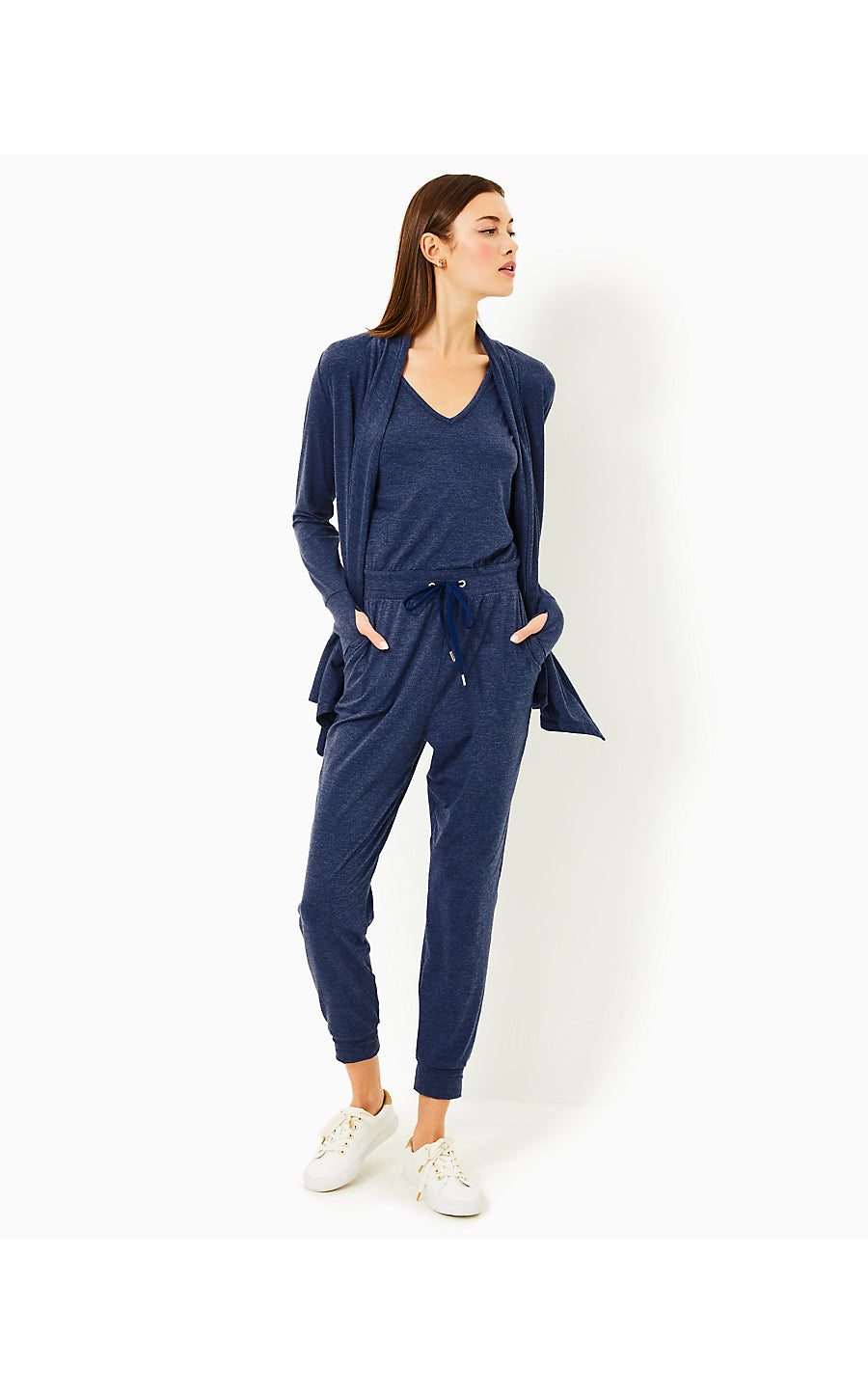 MAISIE UPF 50+ JUMPSUIT, HEATHERED MED BLUE X NOIR