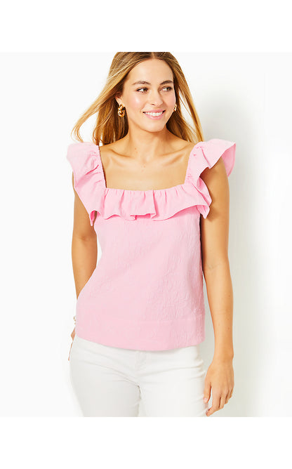 ZOYA RUFFLE TOP, CONCH SHELL PINK CALIENTE PUCKER JACQUARD