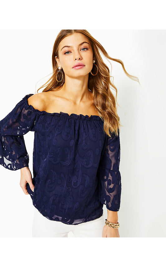 NEVIE LONG SLEEVE OFF THE SHOULDER TOP, TRUE NAVY POLY CREPE SWIRL CLIP