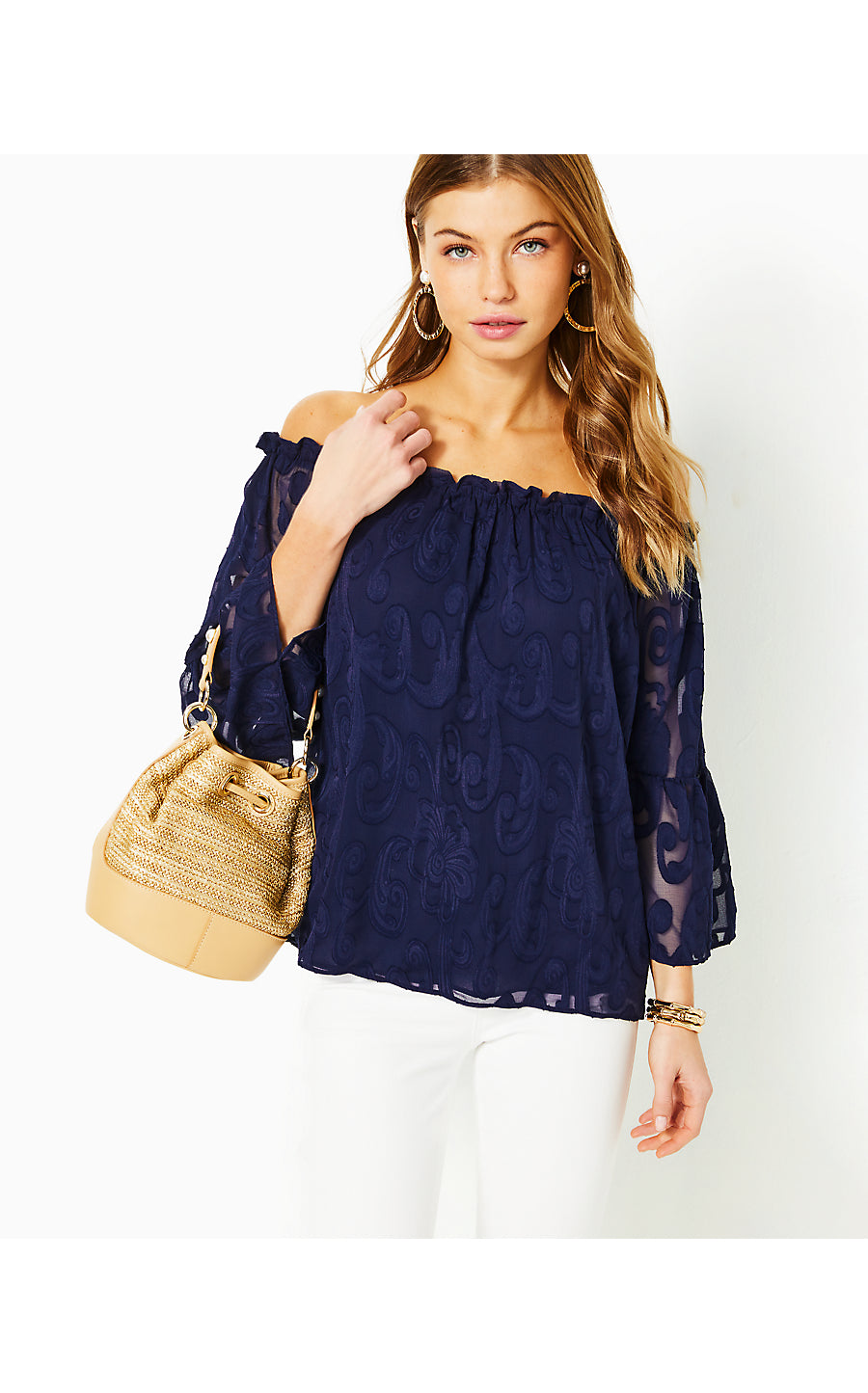 NEVIE LONG SLEEVE OFF THE SHOULDER TOP, TRUE NAVY POLY CREPE SWIRL CLIP