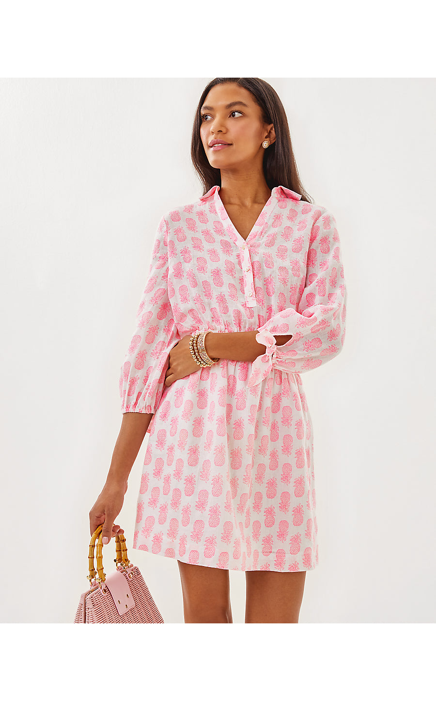 ABRALYNN LONG SLEEVE LINEN DRESS, ROUSSEAU PINK SLICE OF SUNSHINE