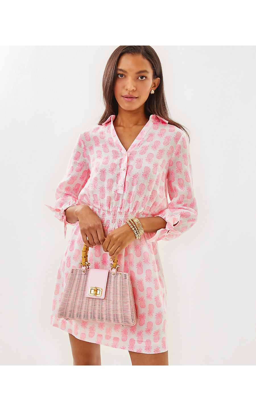 ABRALYNN LONG SLEEVE LINEN DRESS, ROUSSEAU PINK SLICE OF SUNSHINE