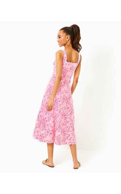 CALINA LINEN MIDI DRESS, CONCH SHELL PINK FLAMINGLE GARDEN