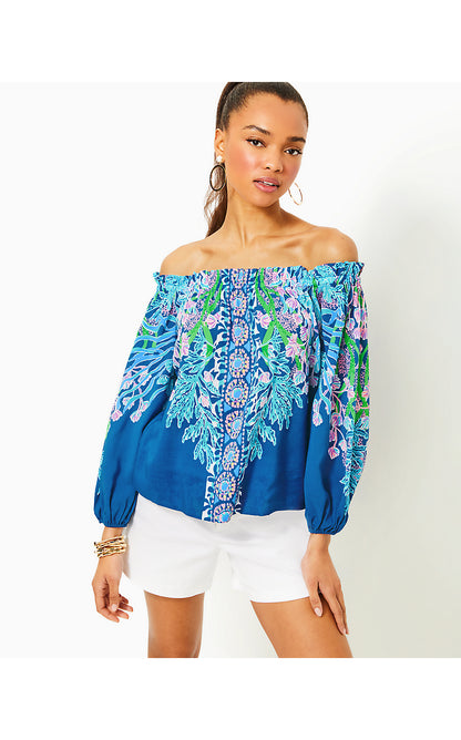 AIMES LONG SLEEVE OFF THE SHOULDER TOP, BARTON BLUE SEACRET ESCAPE ENGINEERED WOVEN TOP