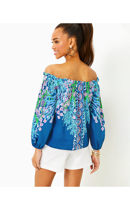 AIMES LONG SLEEVE OFF THE SHOULDER TOP, BARTON BLUE SEACRET ESCAPE ENGINEERED WOVEN TOP
