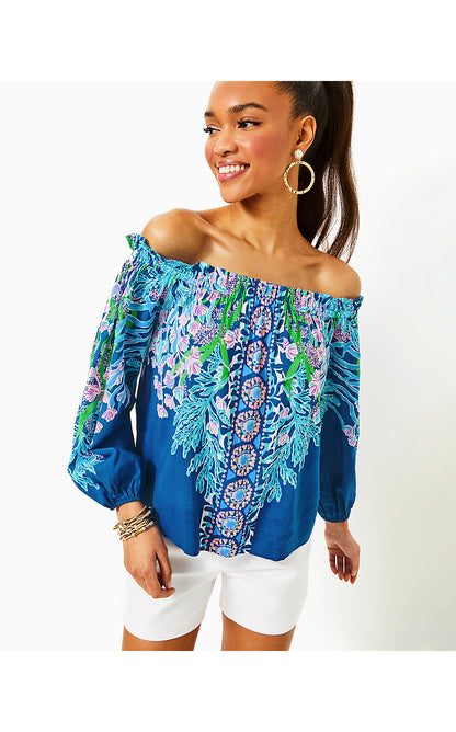 AIMES LONG SLEEVE OFF THE SHOULDER TOP, BARTON BLUE SEACRET ESCAPE ENGINEERED WOVEN TOP