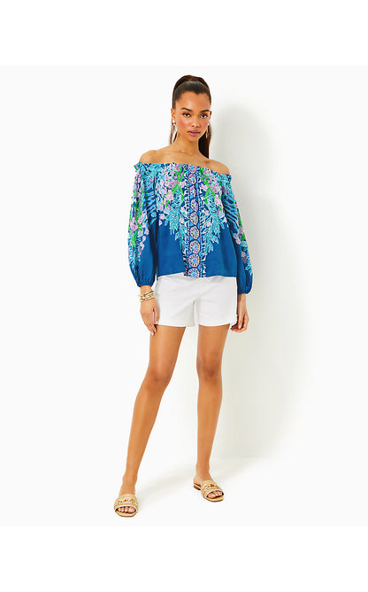 AIMES LONG SLEEVE OFF THE SHOULDER TOP, BARTON BLUE SEACRET ESCAPE ENGINEERED WOVEN TOP