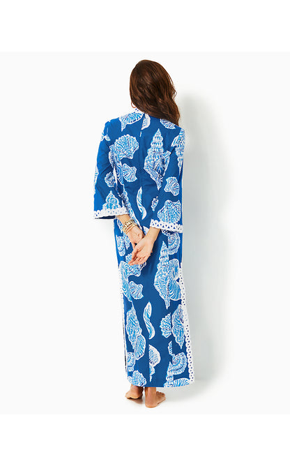 SHEALYN 3/4 SLEEVE STRETCH COTTON MAXI CAFTAN, BARTON BLUE SHELL OF A GOOD TIME OVERSIZED