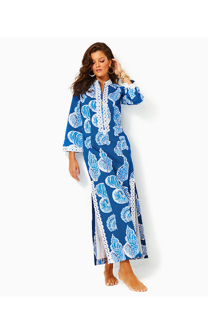 SHEALYN 3/4 SLEEVE STRETCH COTTON MAXI CAFTAN, BARTON BLUE SHELL OF A GOOD TIME OVERSIZED