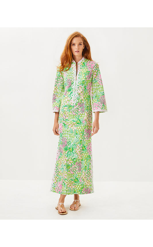 SHEALYN 3/4 SLEEVE STRETCH COTTON MAXI CAFTAN, FAUNA GREEN LIME FEELING GOOD