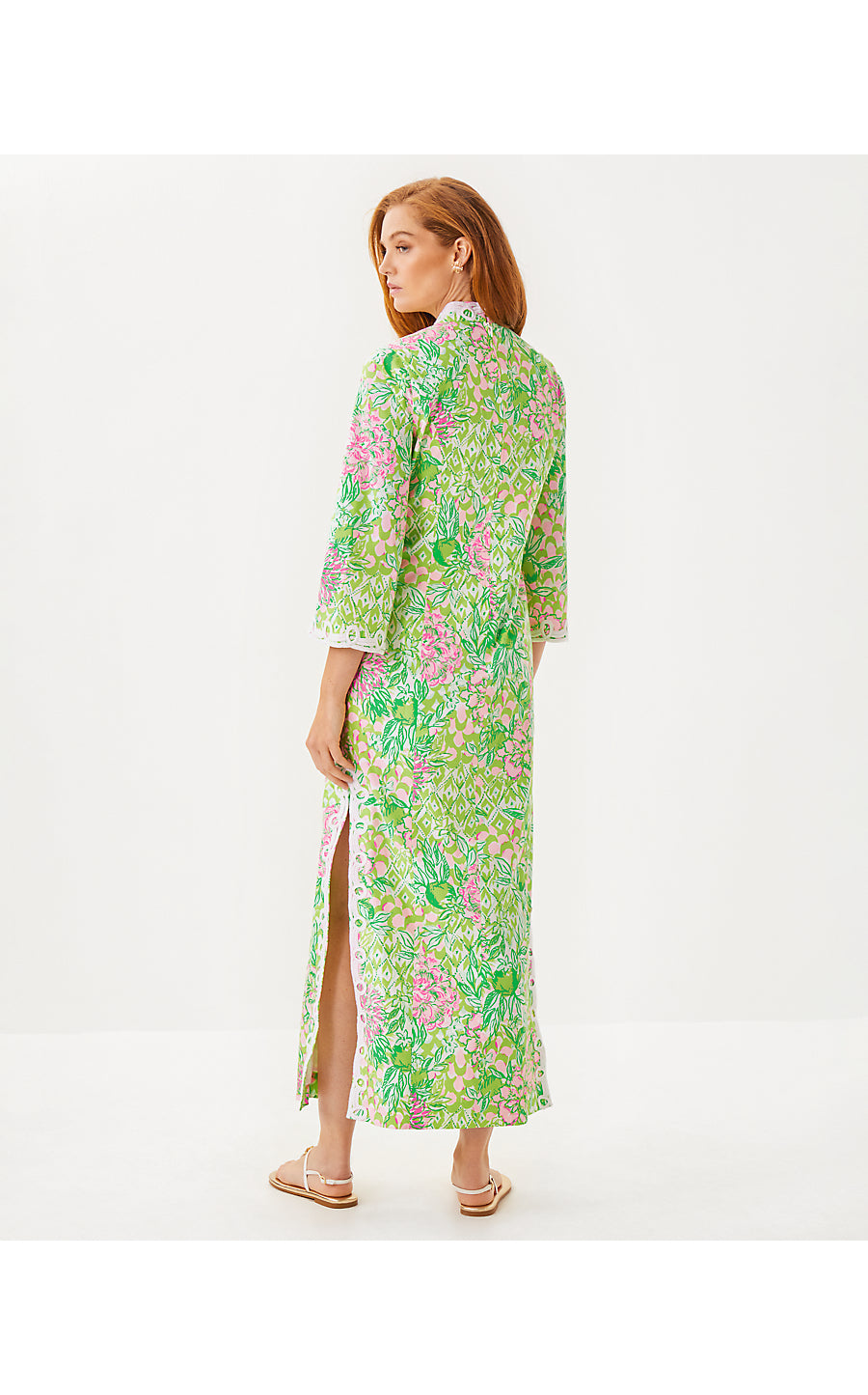 SHEALYN 3/4 SLEEVE STRETCH COTTON MAXI CAFTAN, FAUNA GREEN LIME FEELING GOOD