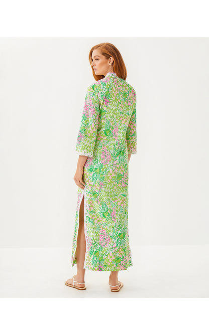 SHEALYN 3/4 SLEEVE STRETCH COTTON MAXI CAFTAN, FAUNA GREEN LIME FEELING GOOD