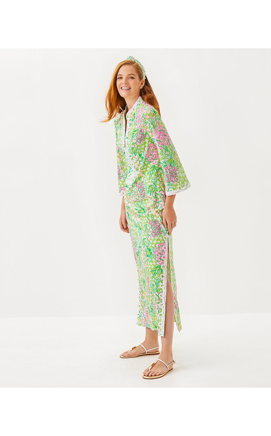 SHEALYN 3/4 SLEEVE STRETCH COTTON MAXI CAFTAN, FAUNA GREEN LIME FEELING GOOD