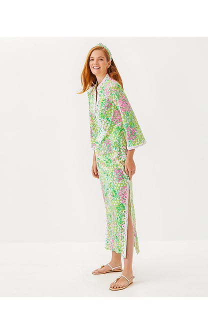 SHEALYN 3/4 SLEEVE STRETCH COTTON MAXI CAFTAN, FAUNA GREEN LIME FEELING GOOD