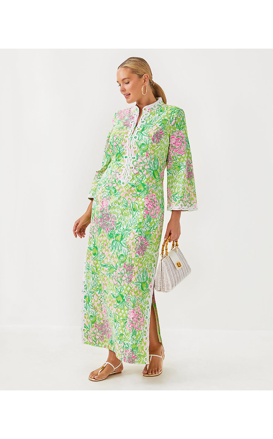 SHEALYN 3/4 SLEEVE STRETCH COTTON MAXI CAFTAN, FAUNA GREEN LIME FEELING GOOD