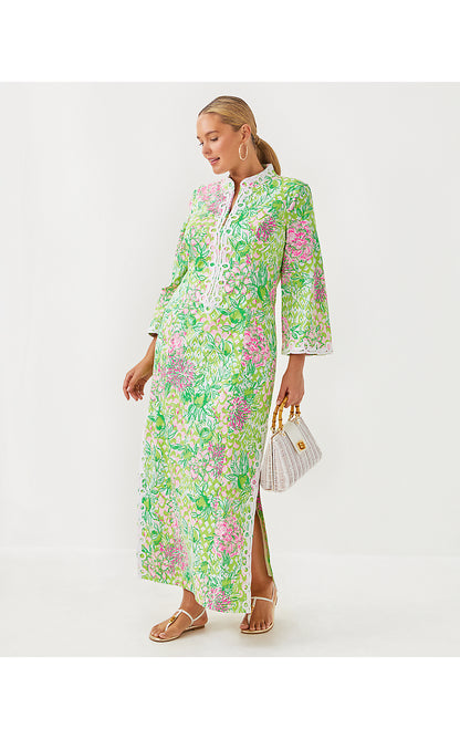 SHEALYN 3/4 SLEEVE STRETCH COTTON MAXI CAFTAN, FAUNA GREEN LIME FEELING GOOD