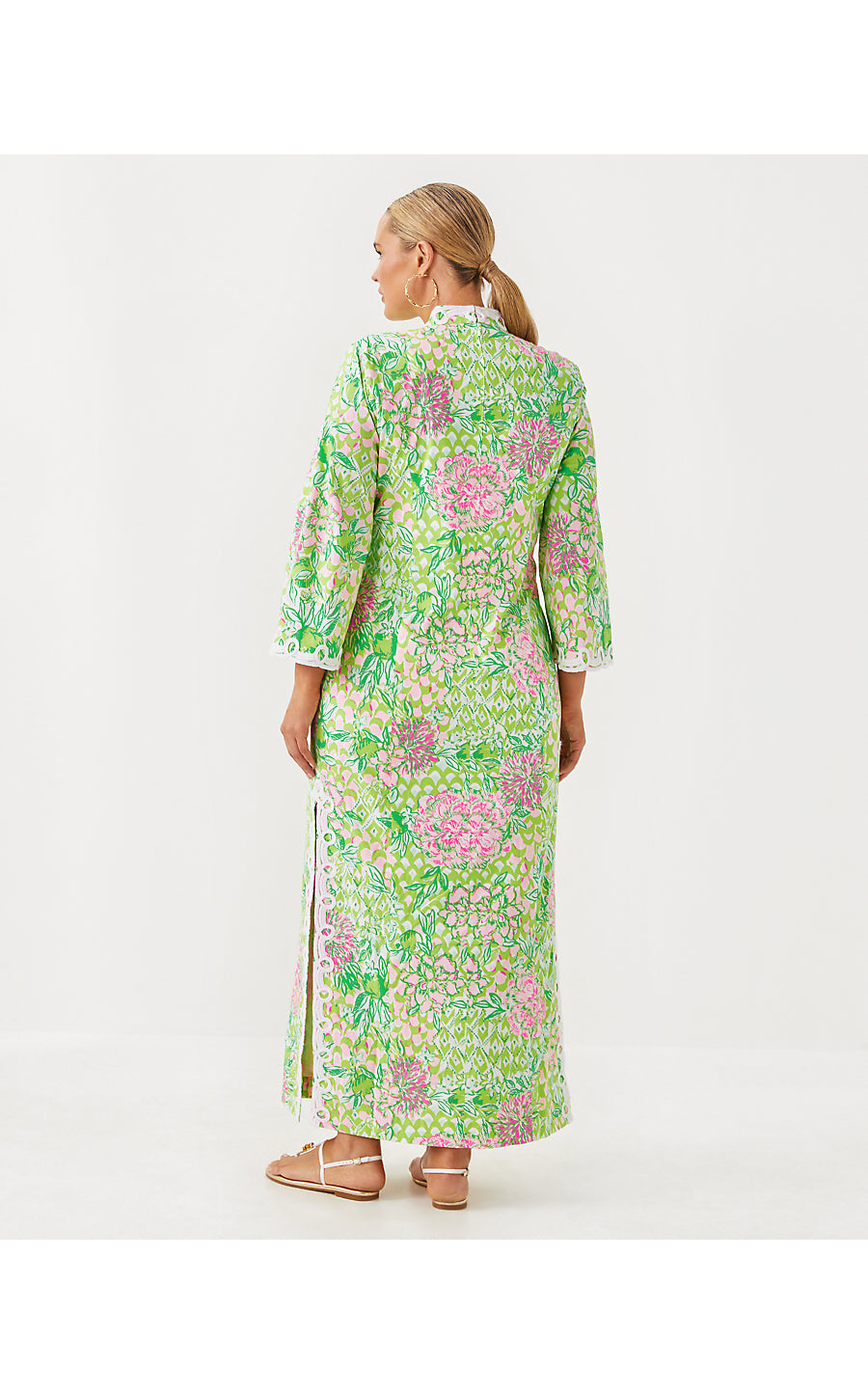 SHEALYN 3/4 SLEEVE STRETCH COTTON MAXI CAFTAN, FAUNA GREEN LIME FEELING GOOD