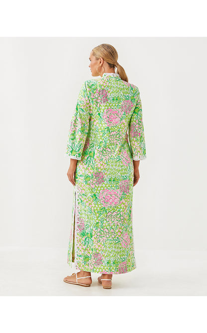 SHEALYN 3/4 SLEEVE STRETCH COTTON MAXI CAFTAN, FAUNA GREEN LIME FEELING GOOD