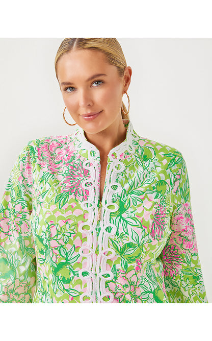 SHEALYN 3/4 SLEEVE STRETCH COTTON MAXI CAFTAN, FAUNA GREEN LIME FEELING GOOD