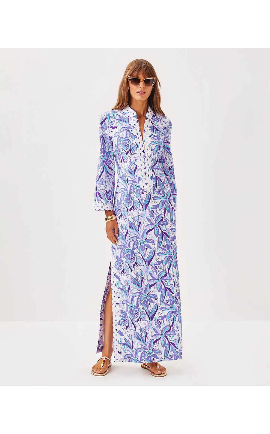 SHEALYN 3/4 SLEEVE STRETCH COTTON MAXI CAFTAN, TROPICALIA PURPLE ELEPHANT IN THE BLOOM