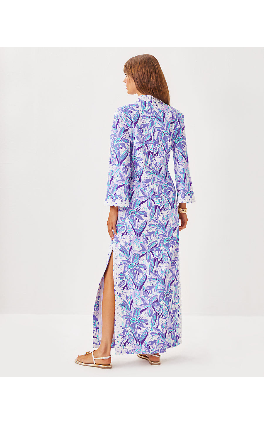 SHEALYN 3/4 SLEEVE STRETCH COTTON MAXI CAFTAN, TROPICALIA PURPLE ELEPHANT IN THE BLOOM