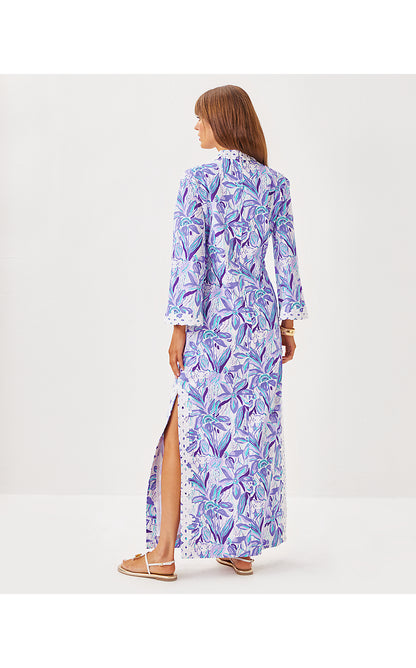 SHEALYN 3/4 SLEEVE STRETCH COTTON MAXI CAFTAN, TROPICALIA PURPLE ELEPHANT IN THE BLOOM